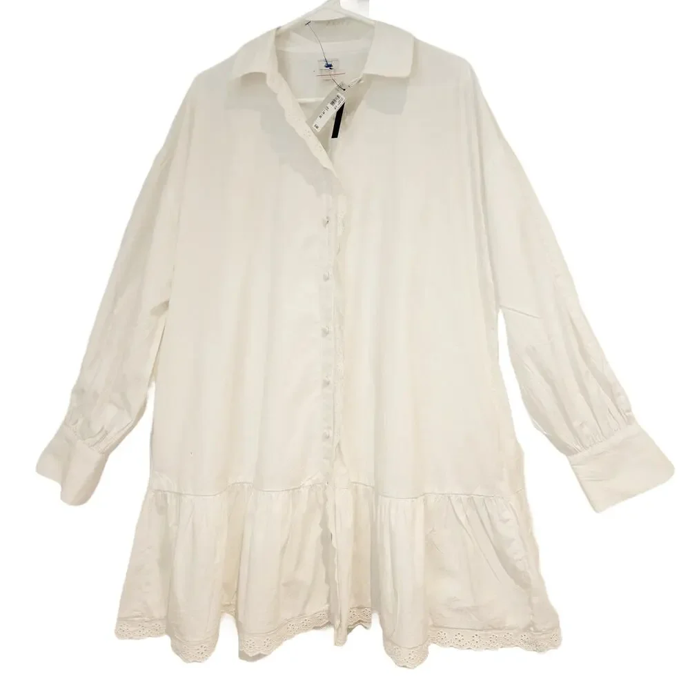 NWT River Island UK White Cotton Ruffle Eyelet Button-Up Mini Dress UK 14 US 10 - Picture 2 of 11
